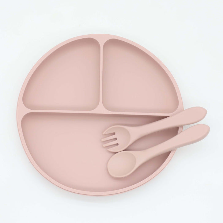 Colorful Baby Silicone Round Sucker Compartment Dinner Plate with Spoon and Fork, designed for mess-free mealtimes.