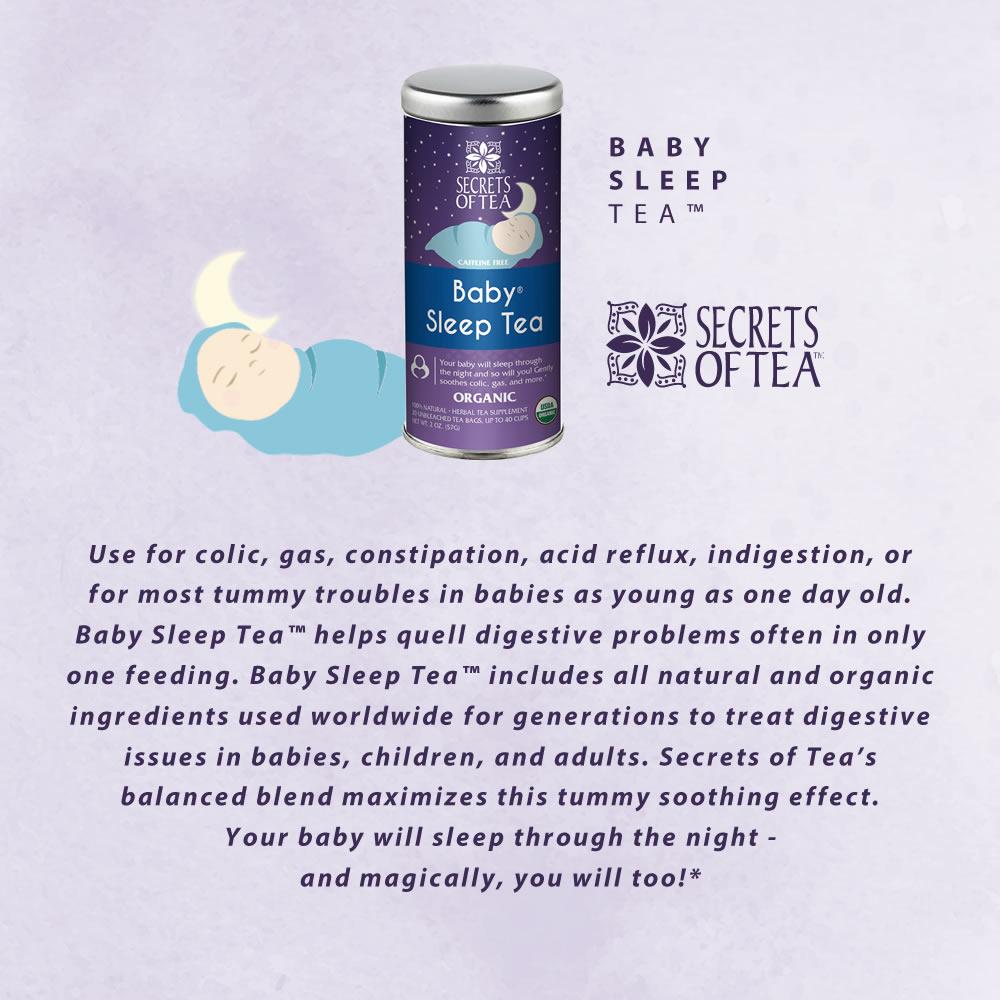 A soothing cup of Baby Sleep Tea with organic ingredients, designed for babies to alleviate tummy troubles and promote better sleep.