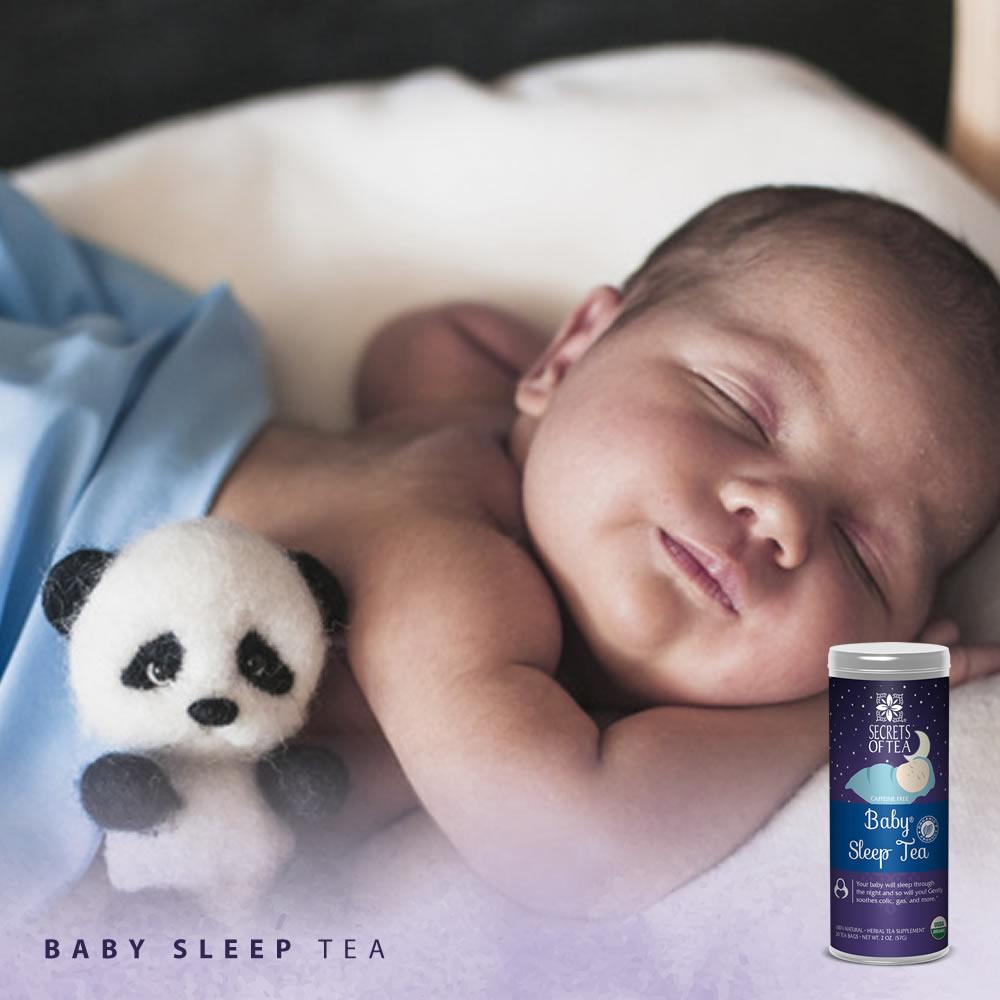 A soothing cup of Baby Sleep Tea with organic ingredients, designed for babies to alleviate tummy troubles and promote better sleep.