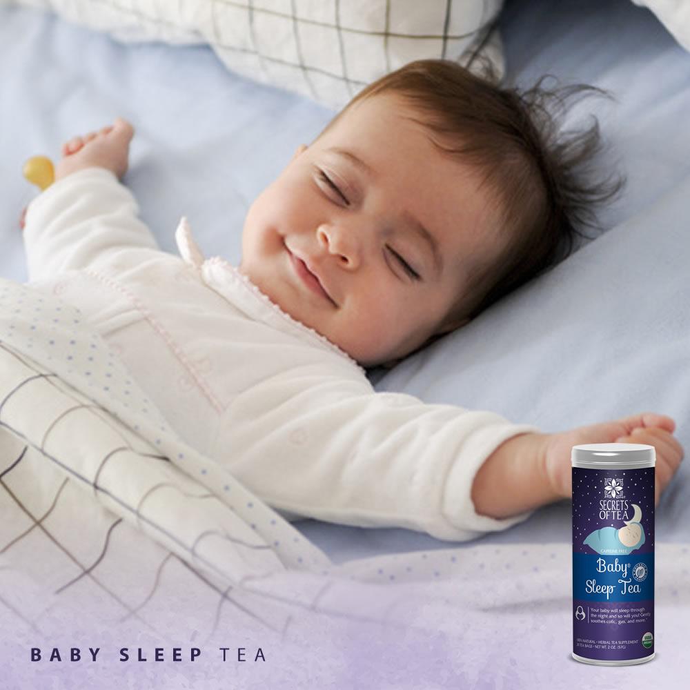 A soothing cup of Baby Sleep Tea with organic ingredients, designed for babies to alleviate tummy troubles and promote better sleep.