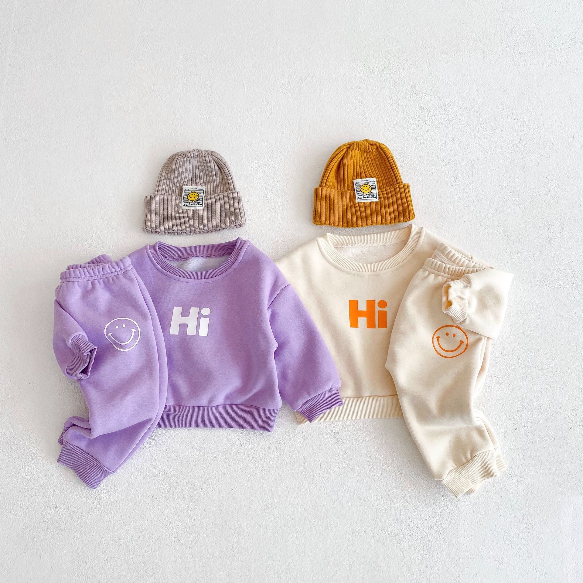 Baby Slogan Graphic Longsleeve Hoodie Combo featuring a smiley print, perfect for boys and girls in purple and beige colors.