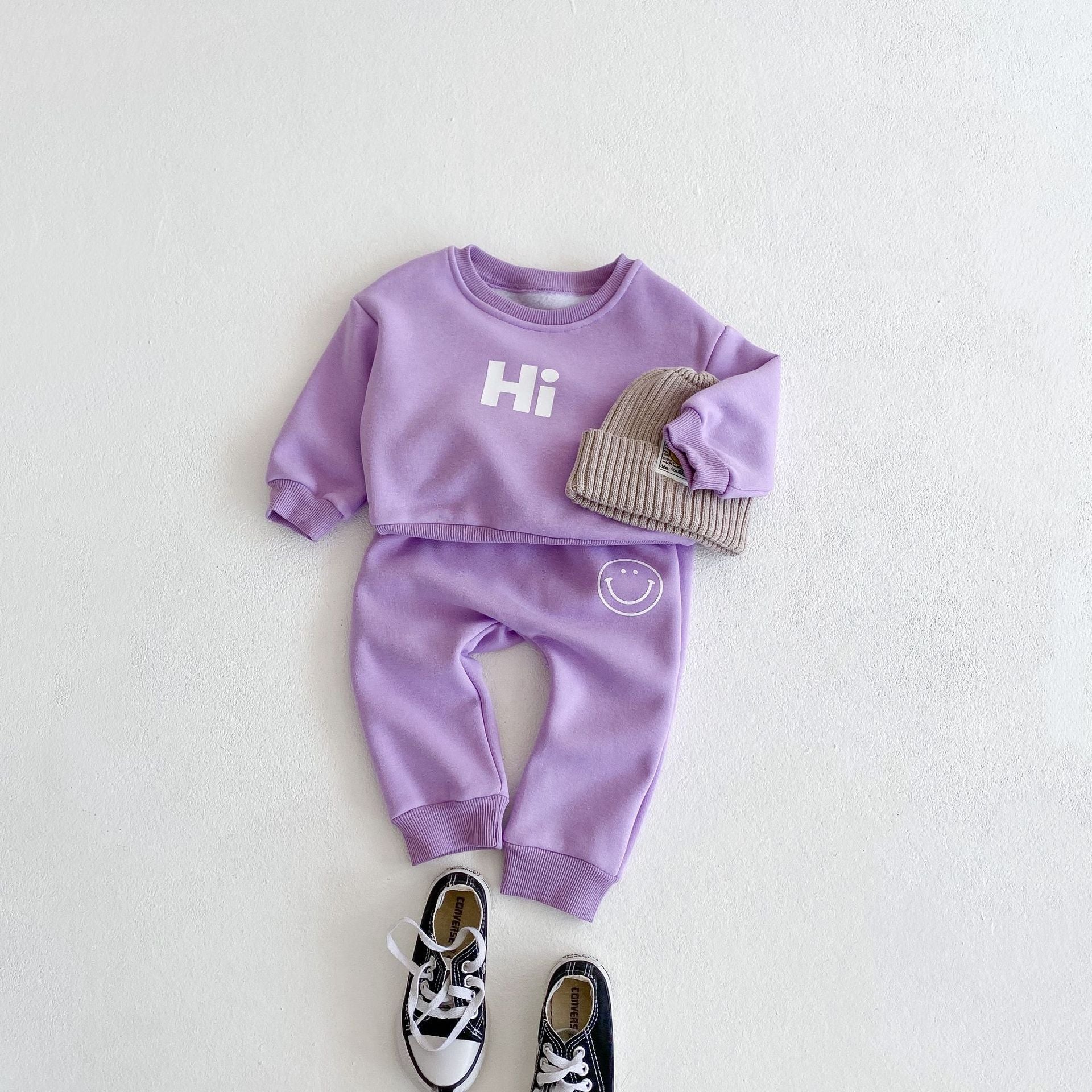 Baby Slogan Graphic Longsleeve Hoodie Combo featuring a smiley print, perfect for boys and girls in purple and beige colors.