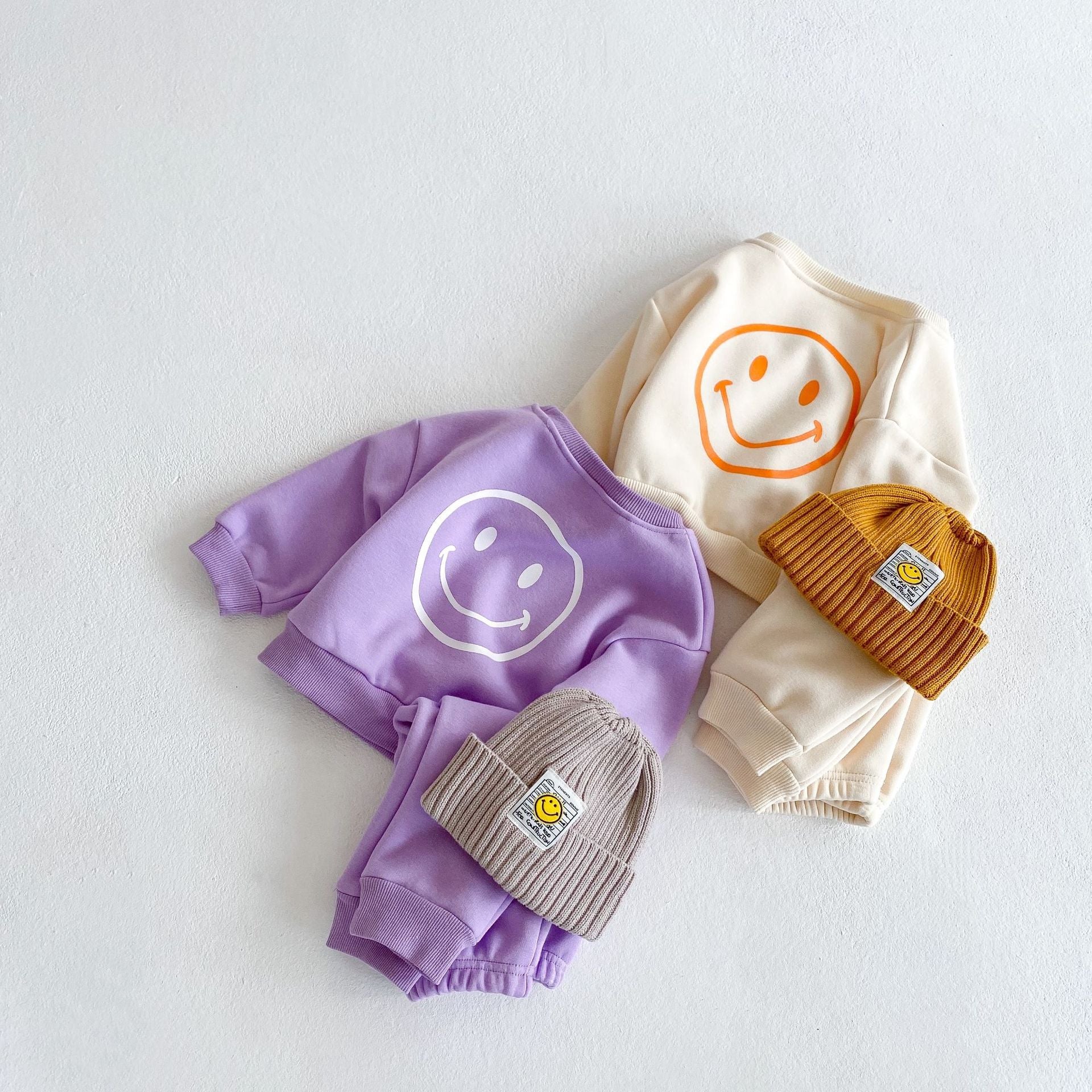 Baby Slogan Graphic Longsleeve Hoodie Combo featuring a smiley print, perfect for boys and girls in purple and beige colors.