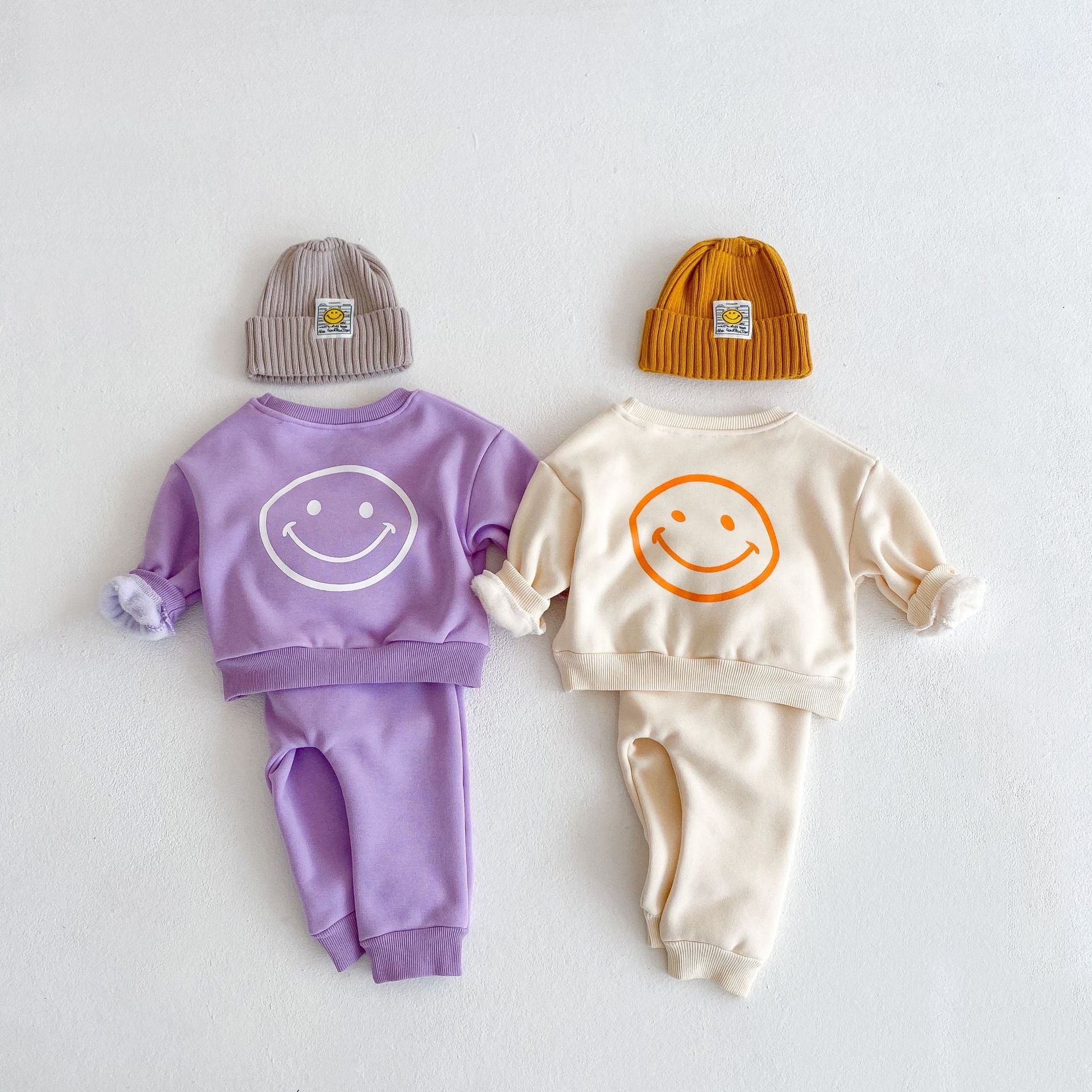 Baby Slogan Graphic Longsleeve Hoodie Combo featuring a smiley print, perfect for boys and girls in purple and beige colors.