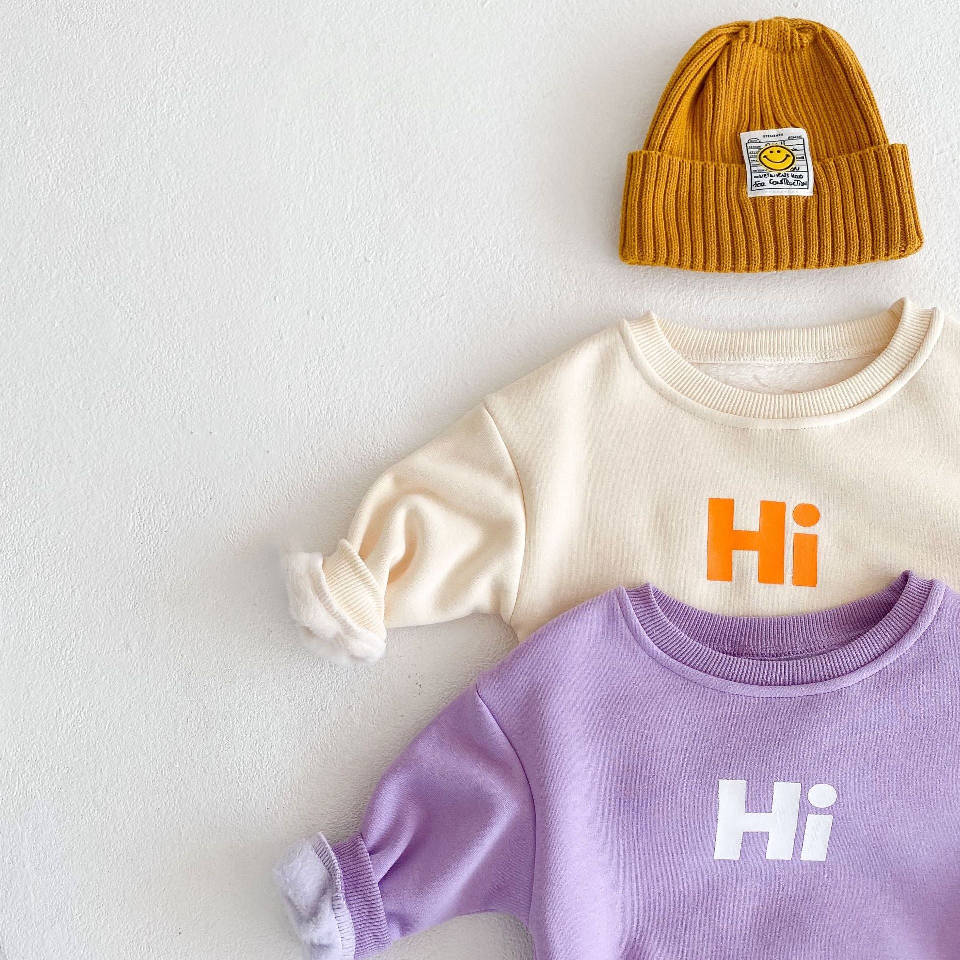 Baby Slogan Graphic Longsleeve Hoodie Combo featuring a smiley print, perfect for boys and girls in purple and beige colors.