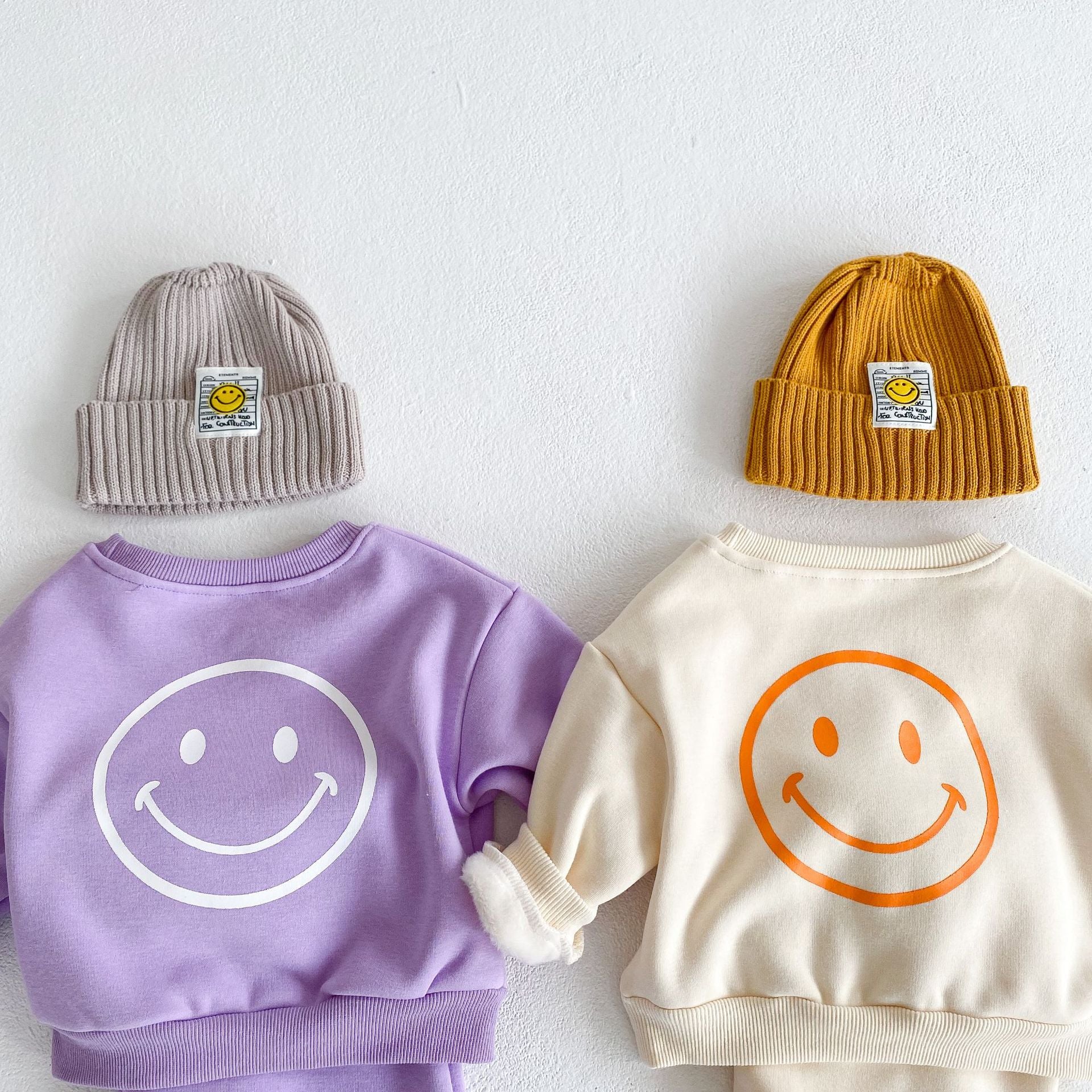 Baby Slogan Graphic Longsleeve Hoodie Combo featuring a smiley print, perfect for boys and girls in purple and beige colors.