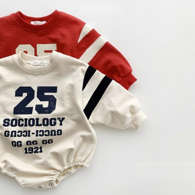 A stylish Baby Slogan Print Pattern Long Sleeve Cotton Bodysuit in red and apricot colors, featuring playful letters and soft cotton fabric.