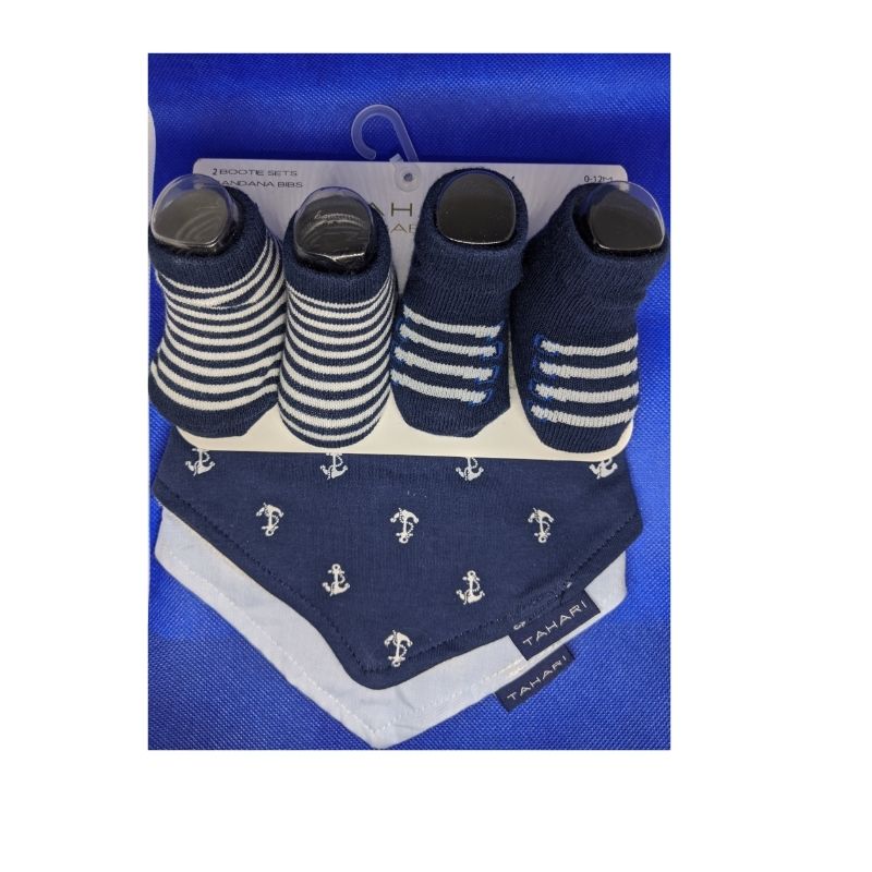 Baby Sock & Bib Set featuring starfish designs, includes two bibs and two pairs of socks in blue.