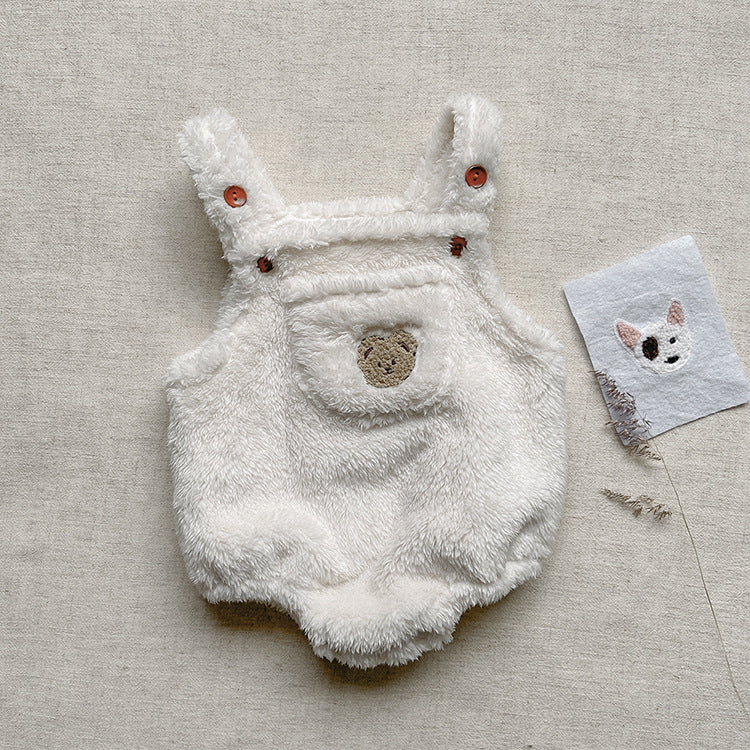 Baby Solid Color Bear Patched Design Plush Strap Sleeveless Onesies in white and brown, showcasing soft plush fabric and bear patch.