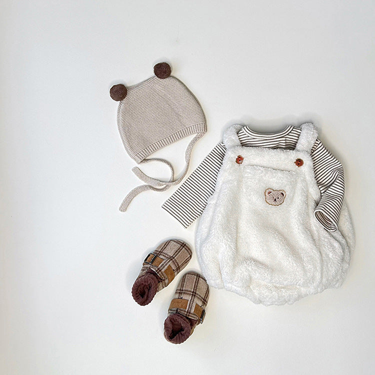 Baby Solid Color Bear Patched Design Plush Strap Sleeveless Onesies in white and brown, showcasing soft plush fabric and bear patch.