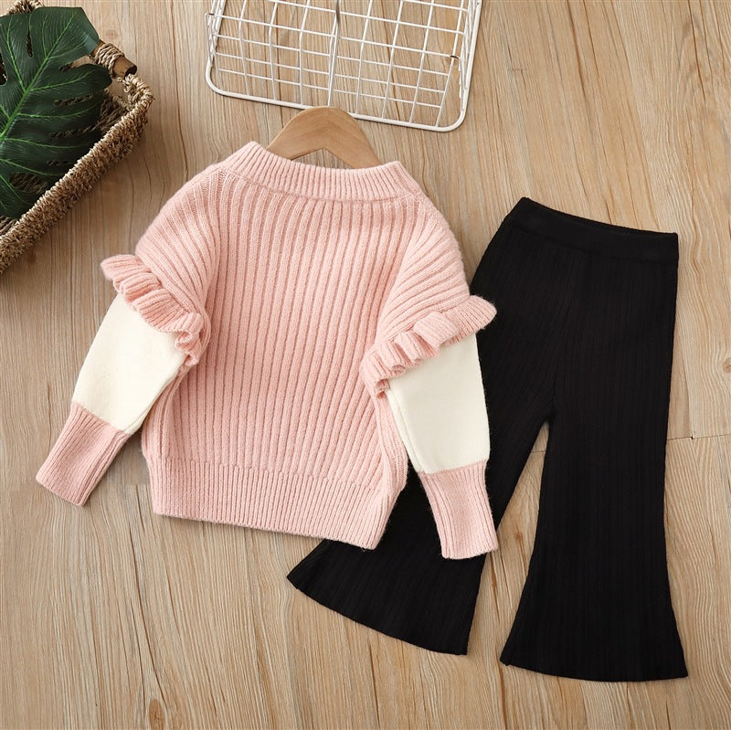 Baby Solid Color Bow Patched Sweater With Pants Set in pink, featuring a cute bow design, perfect for girls aged 12 months to 8 years.