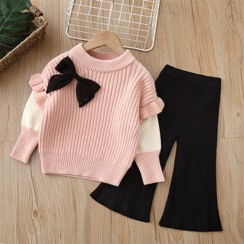 Baby Solid Color Bow Patched Sweater With Pants Set in pink, featuring a cute bow design, perfect for girls aged 12 months to 8 years.