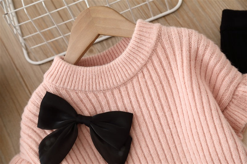 Baby Solid Color Bow Patched Sweater With Pants Set in pink, featuring a cute bow design, perfect for girls aged 12 months to 8 years.