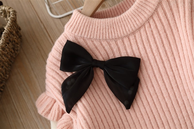 Baby Solid Color Bow Patched Sweater With Pants Set in pink, featuring a cute bow design, perfect for girls aged 12 months to 8 years.