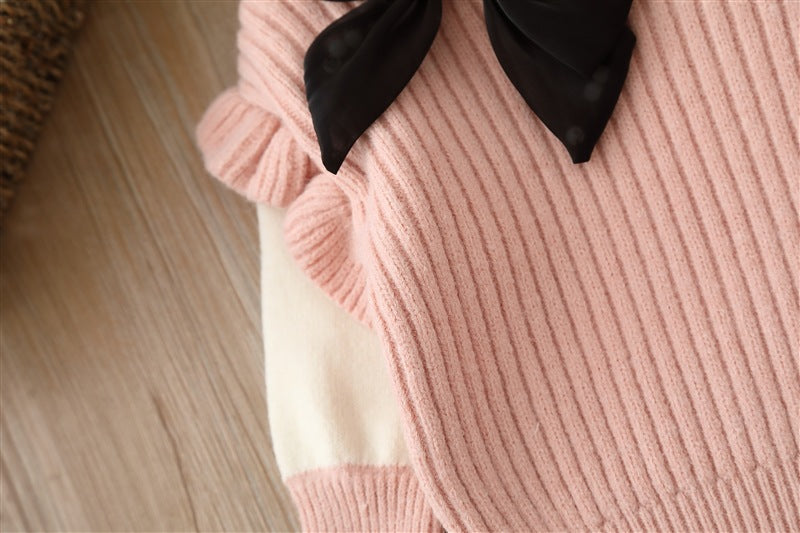 Baby Solid Color Bow Patched Sweater With Pants Set in pink, featuring a cute bow design, perfect for girls aged 12 months to 8 years.