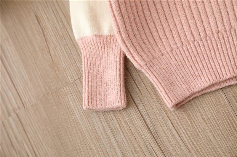 Baby Solid Color Bow Patched Sweater With Pants Set in pink, featuring a cute bow design, perfect for girls aged 12 months to 8 years.