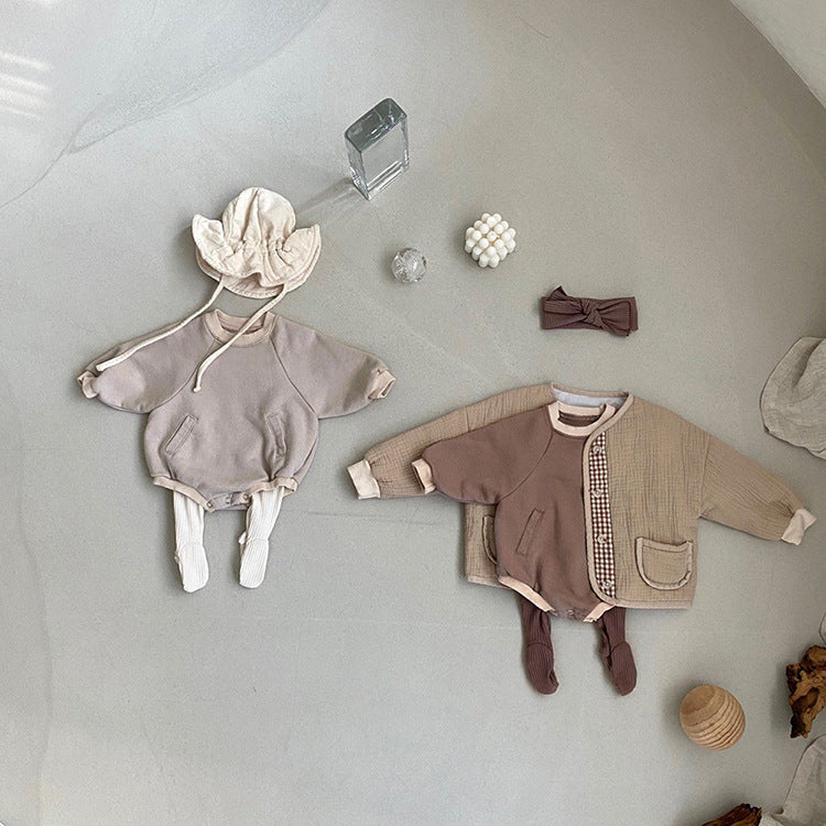 Baby Solid Color Colorblock Design Hoodie Onesie in grey and brown, featuring a slip pocket for added functionality.