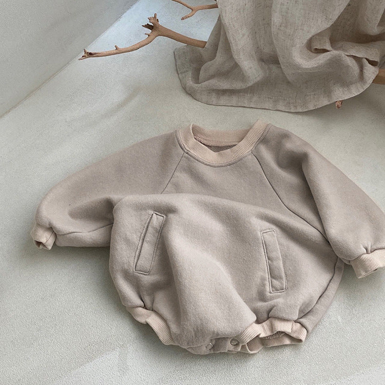 Baby Solid Color Colorblock Design Hoodie Onesie in grey and brown, featuring a slip pocket for added functionality.