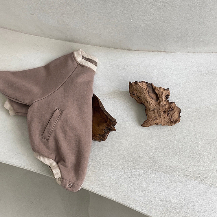 Baby Solid Color Colorblock Design Hoodie Onesie in grey and brown, featuring a slip pocket for added functionality.