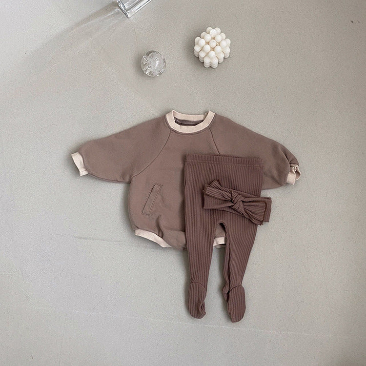 Baby Solid Color Colorblock Design Hoodie Onesie in grey and brown, featuring a slip pocket for added functionality.