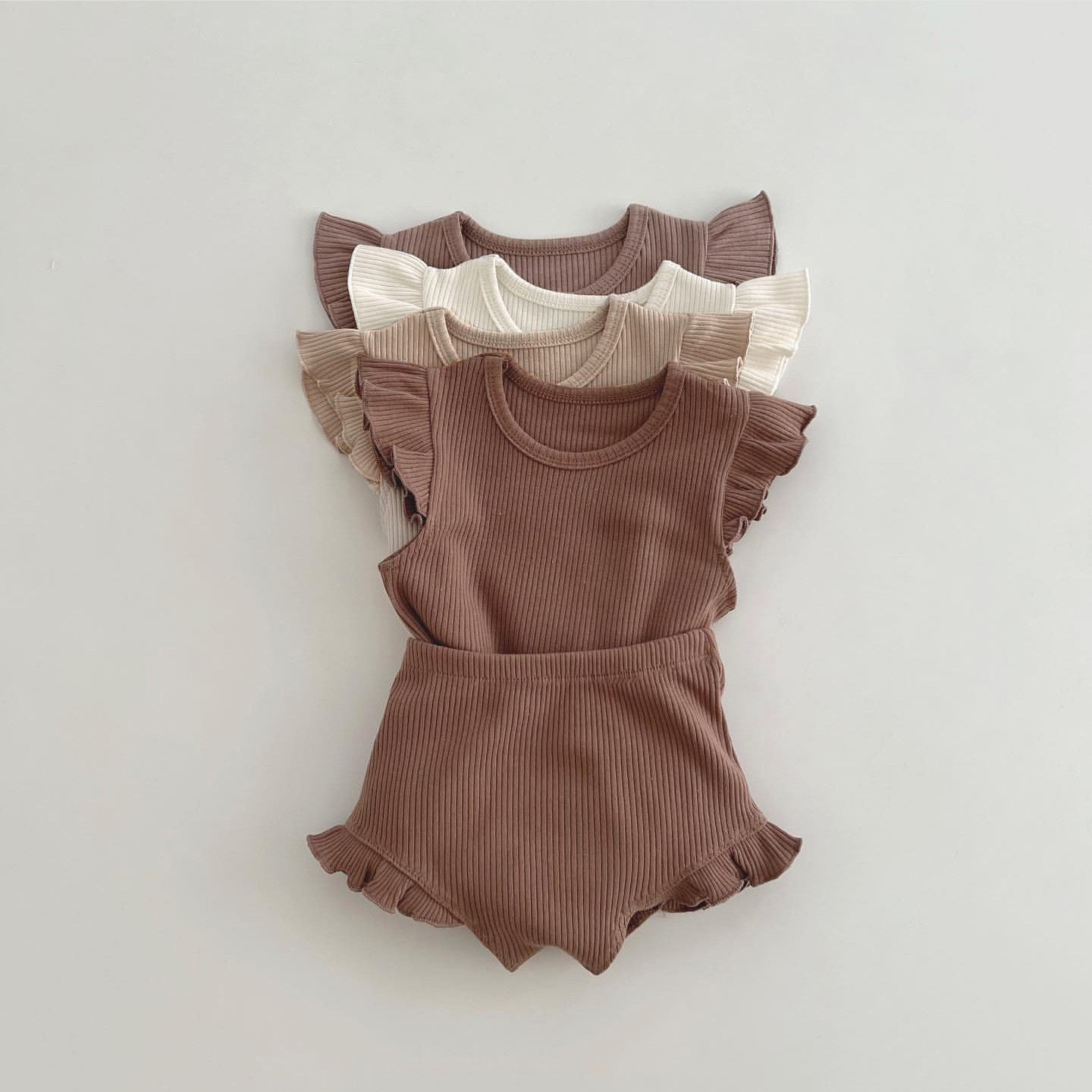 Baby Solid Color Crewneck Tops Sets in beige and brown, made from soft cotton, perfect for summer wear.