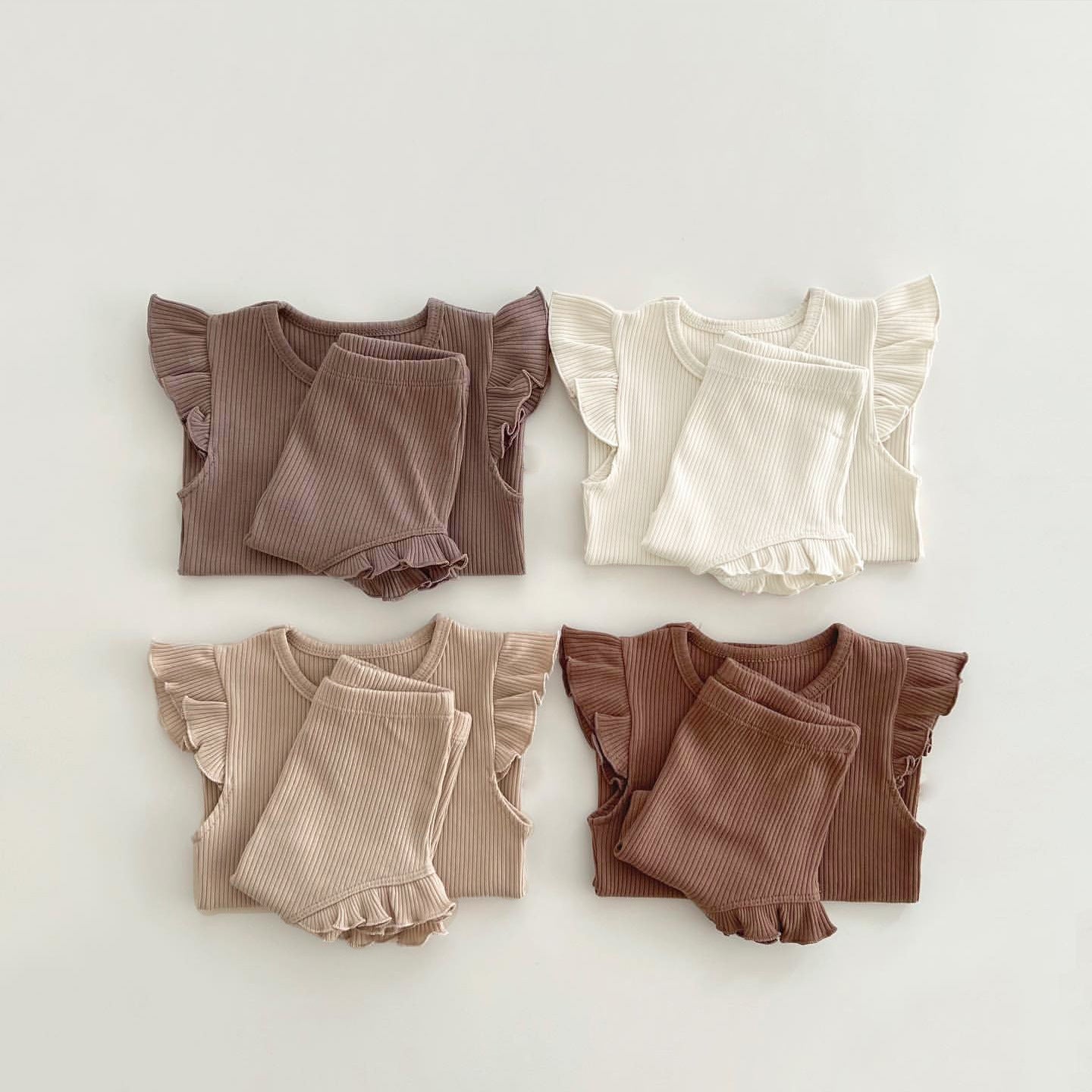 Baby Solid Color Crewneck Tops Sets in beige and brown, made from soft cotton, perfect for summer wear.