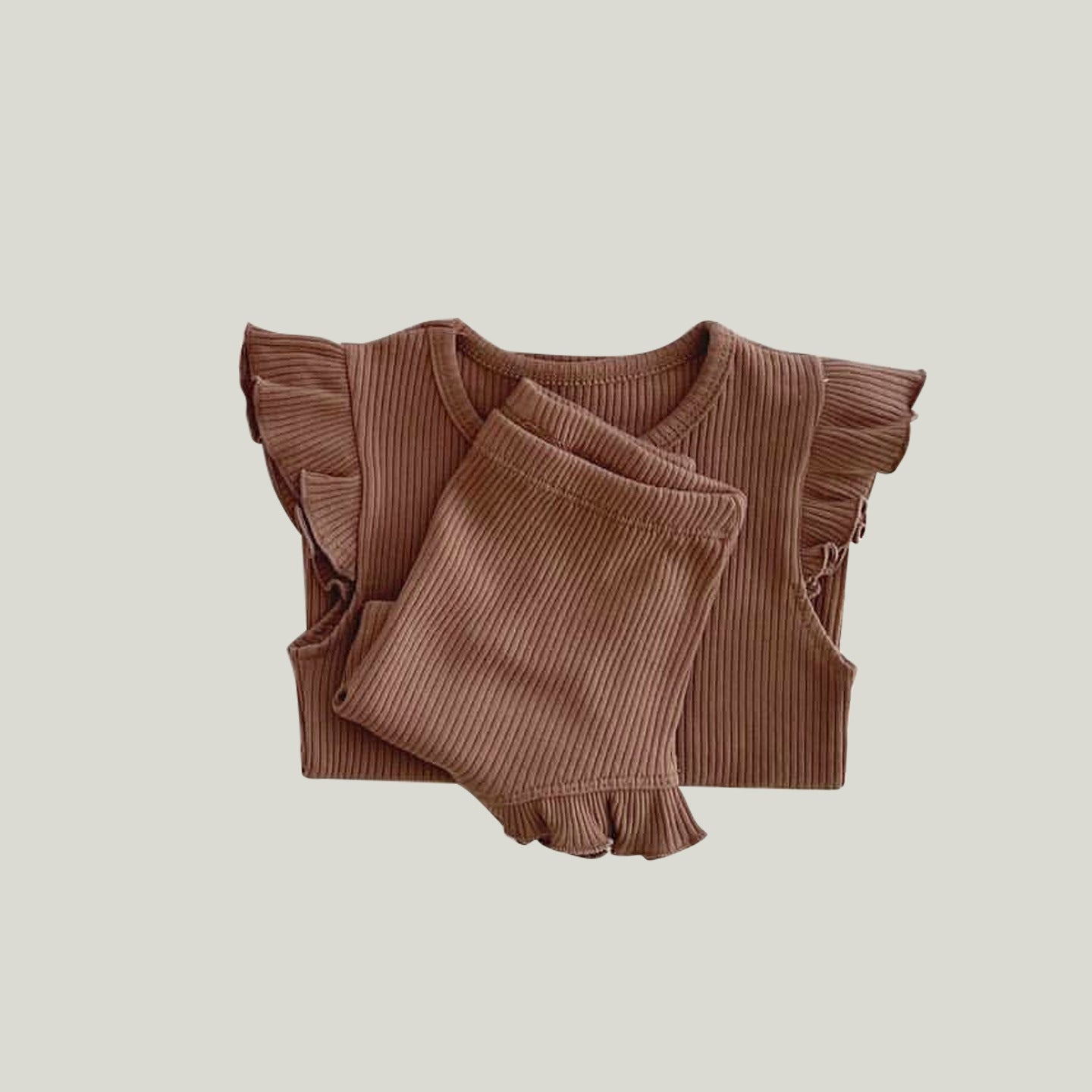 Baby Solid Color Crewneck Tops Sets in beige and brown, made from soft cotton, perfect for summer wear.