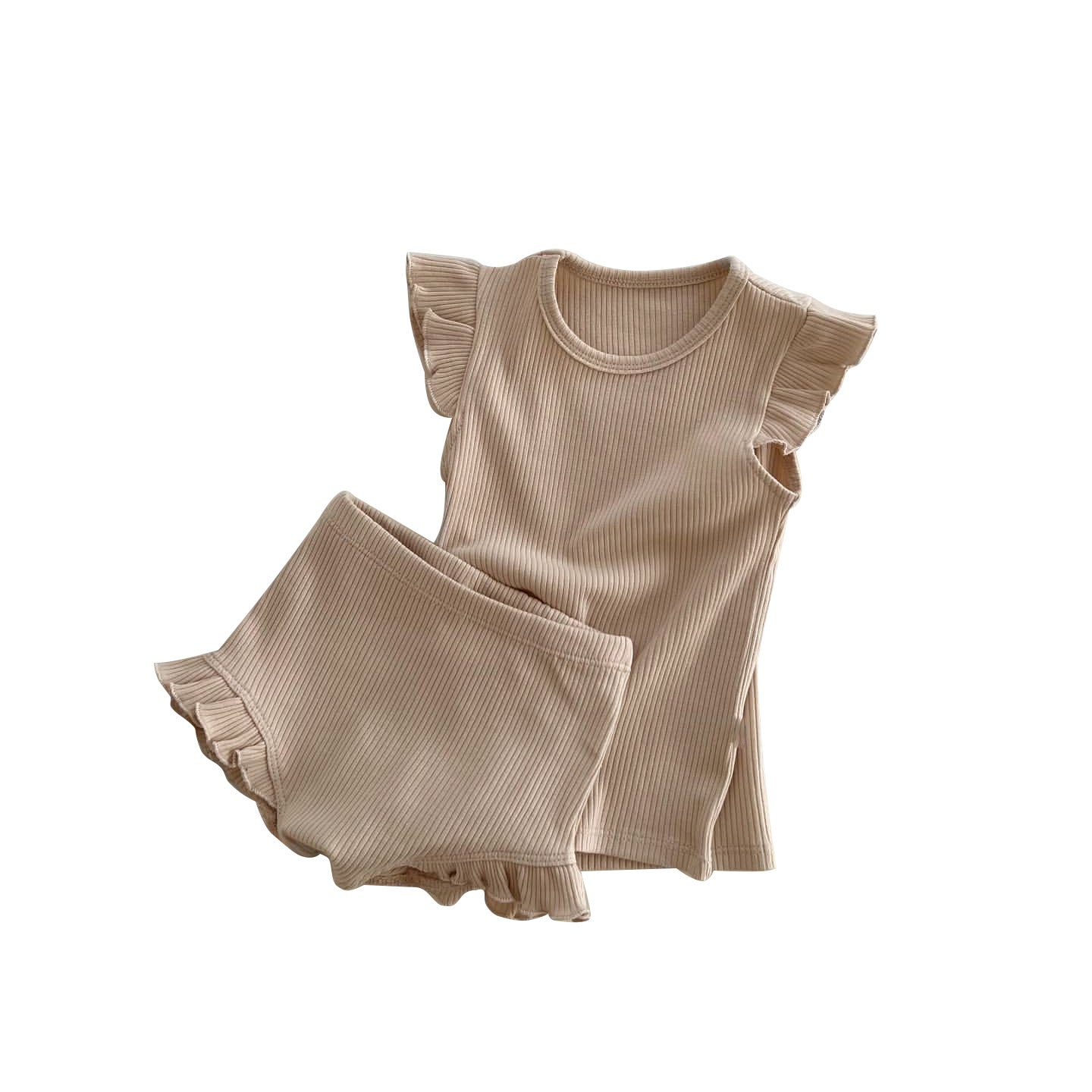 Baby Solid Color Crewneck Tops Sets in beige and brown, made from soft cotton, perfect for summer wear.