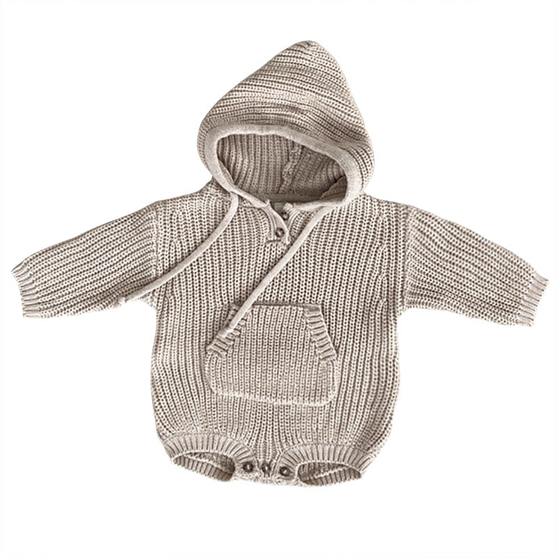 Baby Solid Color Knitted Hooded Triangle Onesie in apricot and brown, showcasing soft cotton fabric and stylish hood.