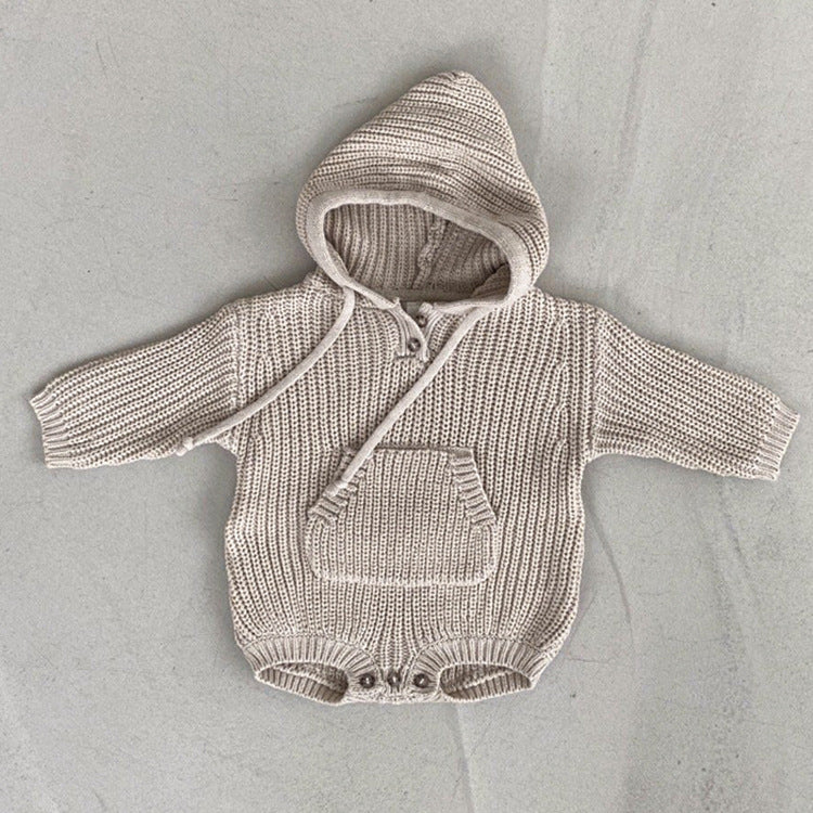 Baby Solid Color Knitted Hooded Triangle Onesie in apricot and brown, showcasing soft cotton fabric and stylish hood.