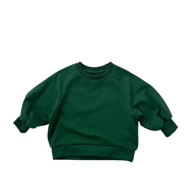 A collection of Baby Solid Color Long Sleeve Pullover Crewneck Hoodies in various colors including pink, green, and apricot, displayed neatly.