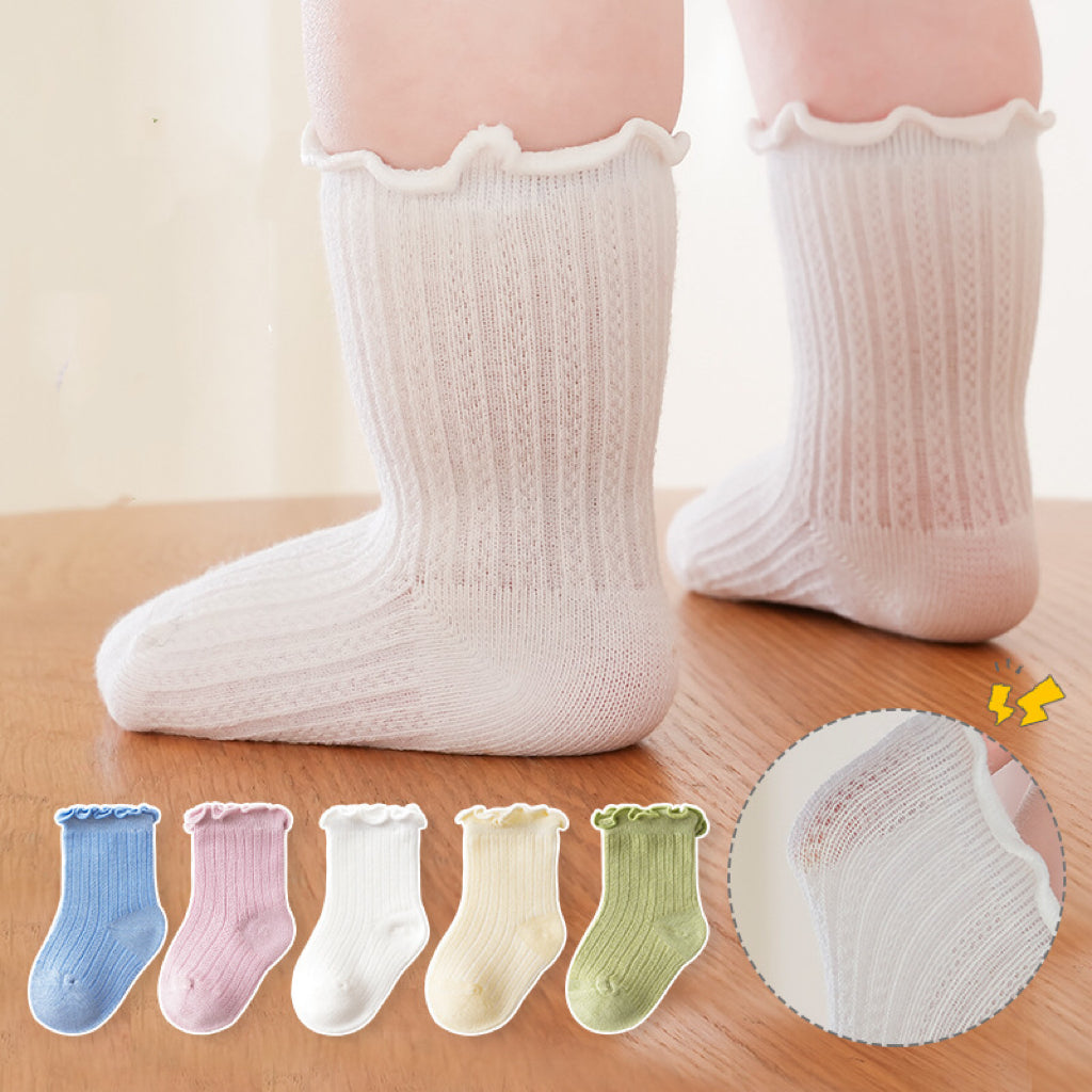 Adorable baby girl socks featuring a breathable mesh design and ruffle detail, perfect for special occasions.