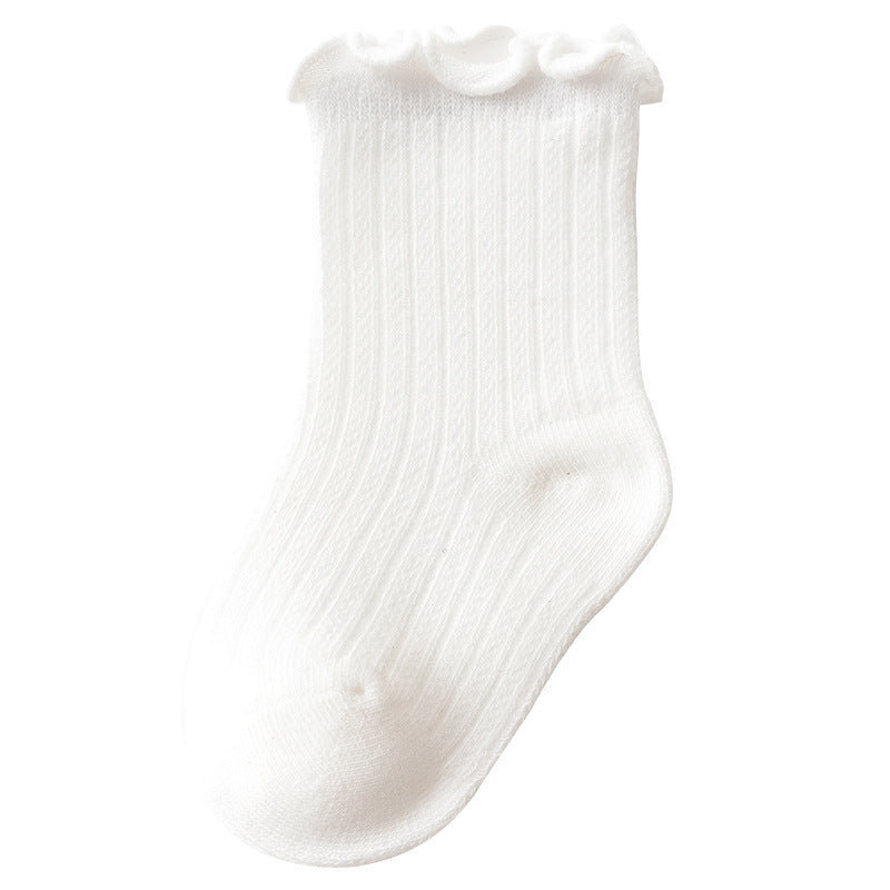 Adorable baby girl socks featuring a breathable mesh design and ruffle detail, perfect for special occasions.