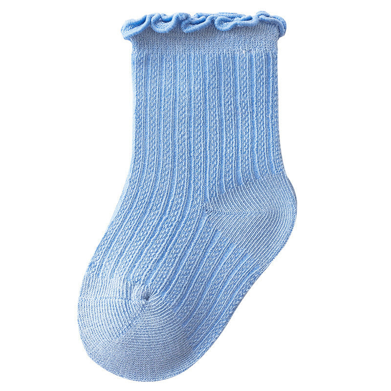 Adorable baby girl socks featuring a breathable mesh design and ruffle detail, perfect for special occasions.