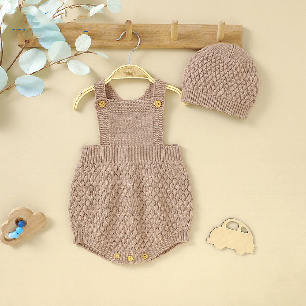 Baby Solid Color One Piece Sling Onesies with Hat in blue, khaki, and brown, showcasing adjustable sling and cozy hat.