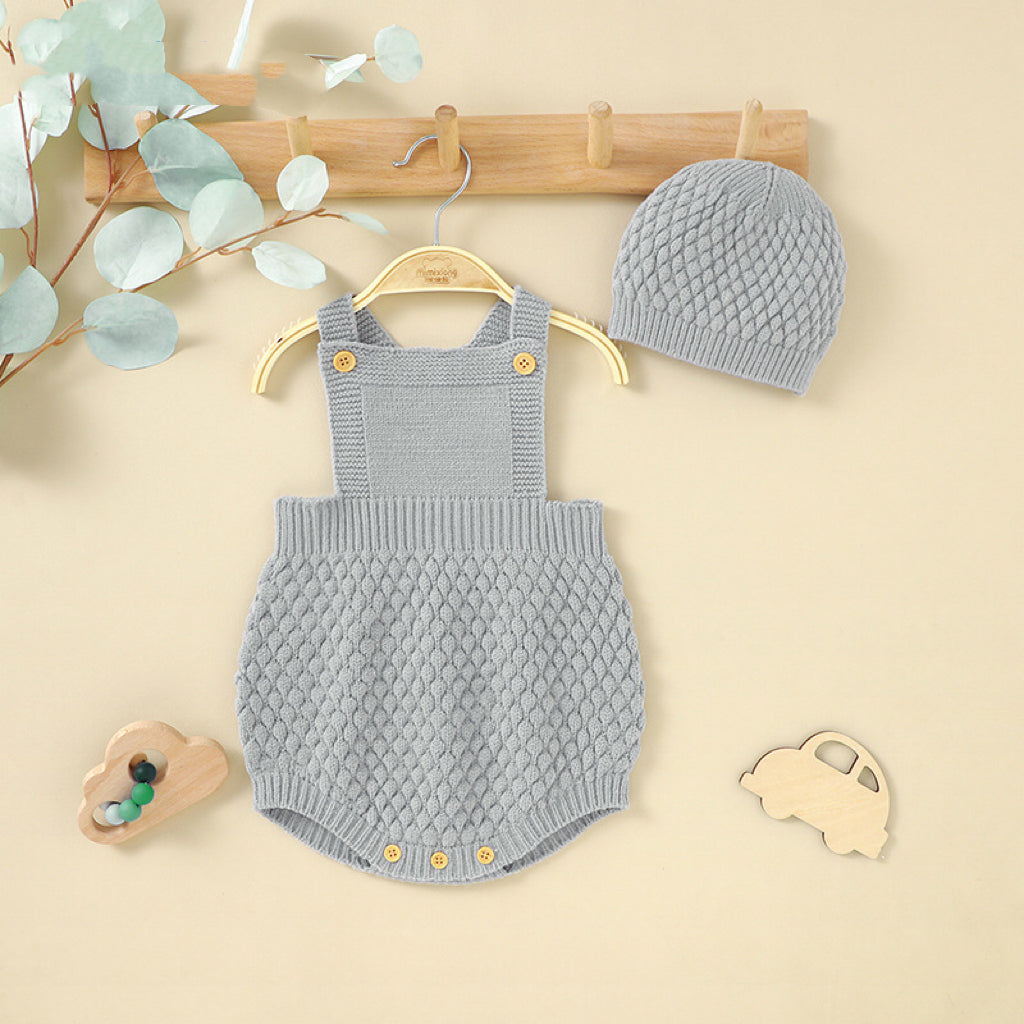 Baby Solid Color One Piece Sling Onesies with Hat in blue, khaki, and brown, showcasing adjustable sling and cozy hat.