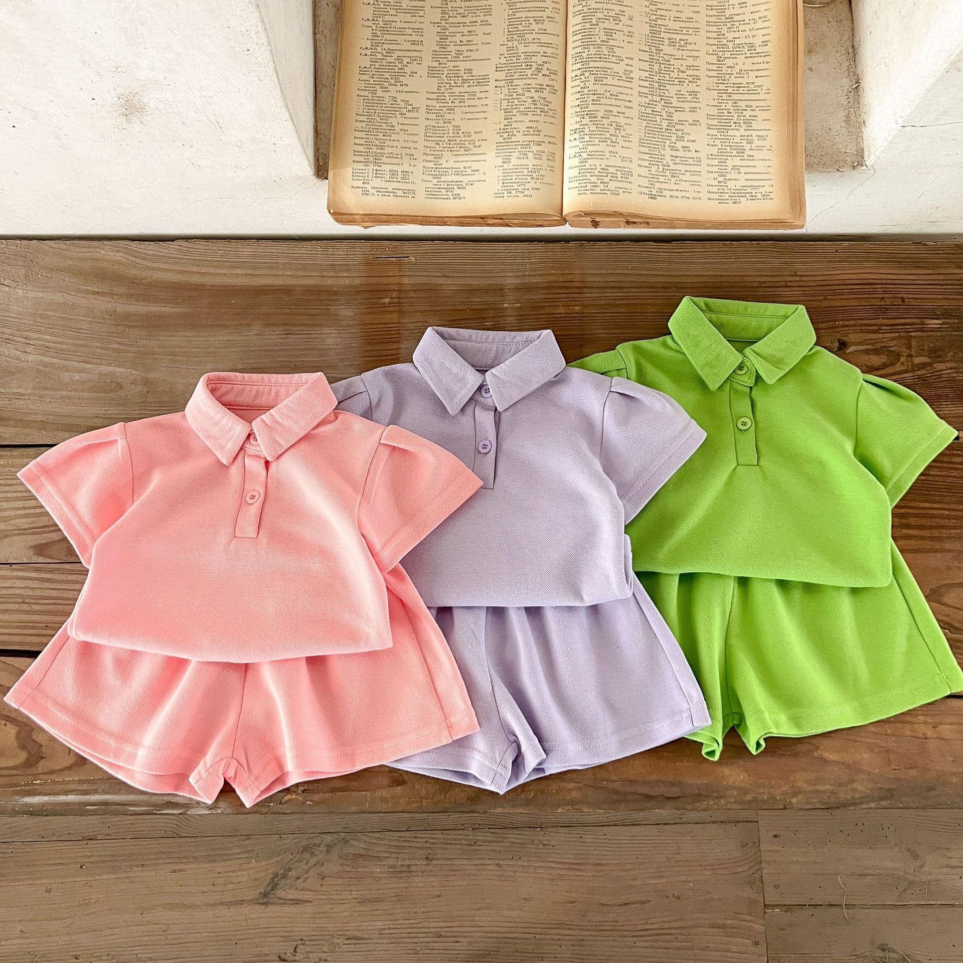 Baby Solid Color Polo Neck Summer Clothing Sets in pink, purple, and green, made from soft cotton, suitable for ages 6 months to 7 years.