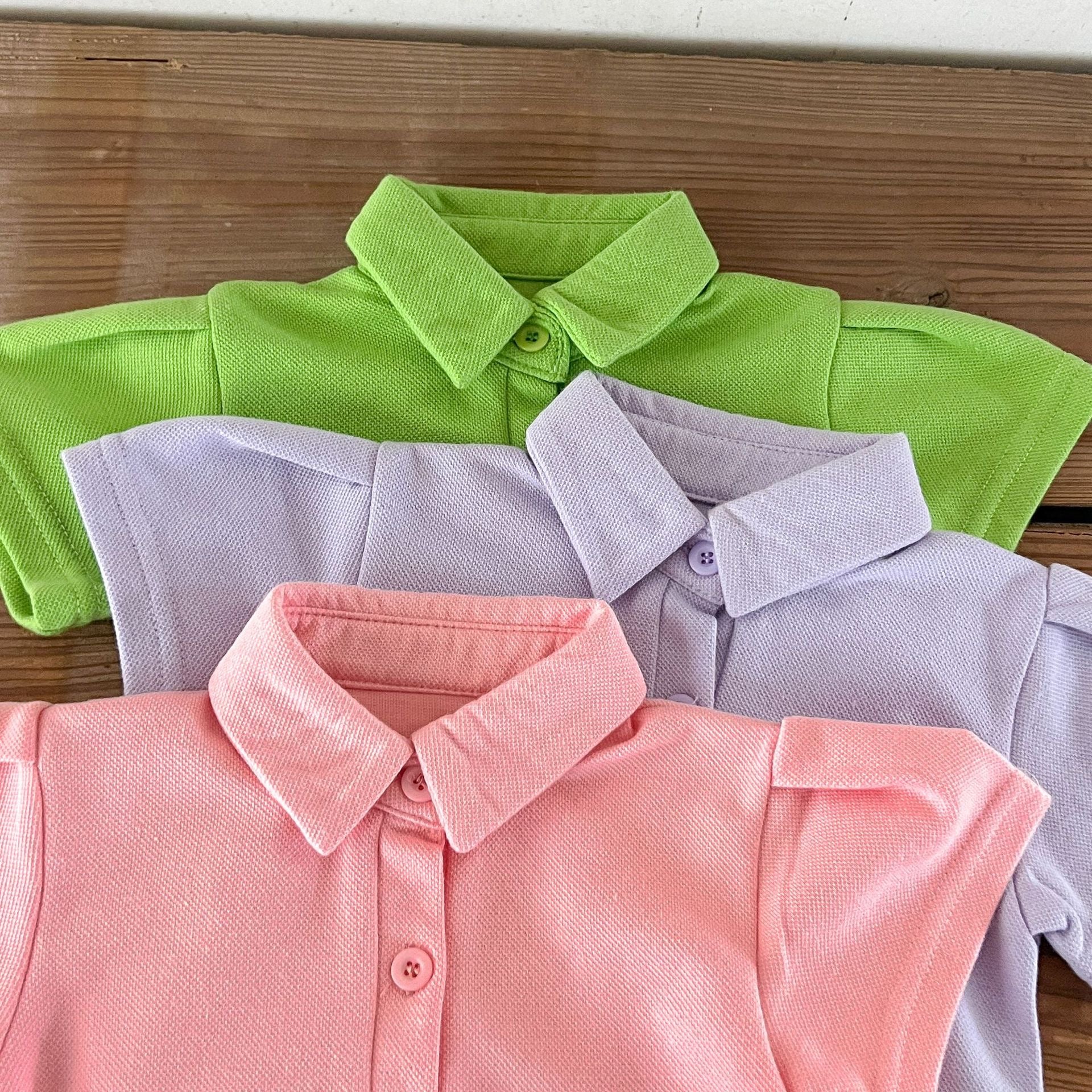 Baby Solid Color Polo Neck Summer Clothing Sets in pink, purple, and green, made from soft cotton, suitable for ages 6 months to 7 years.