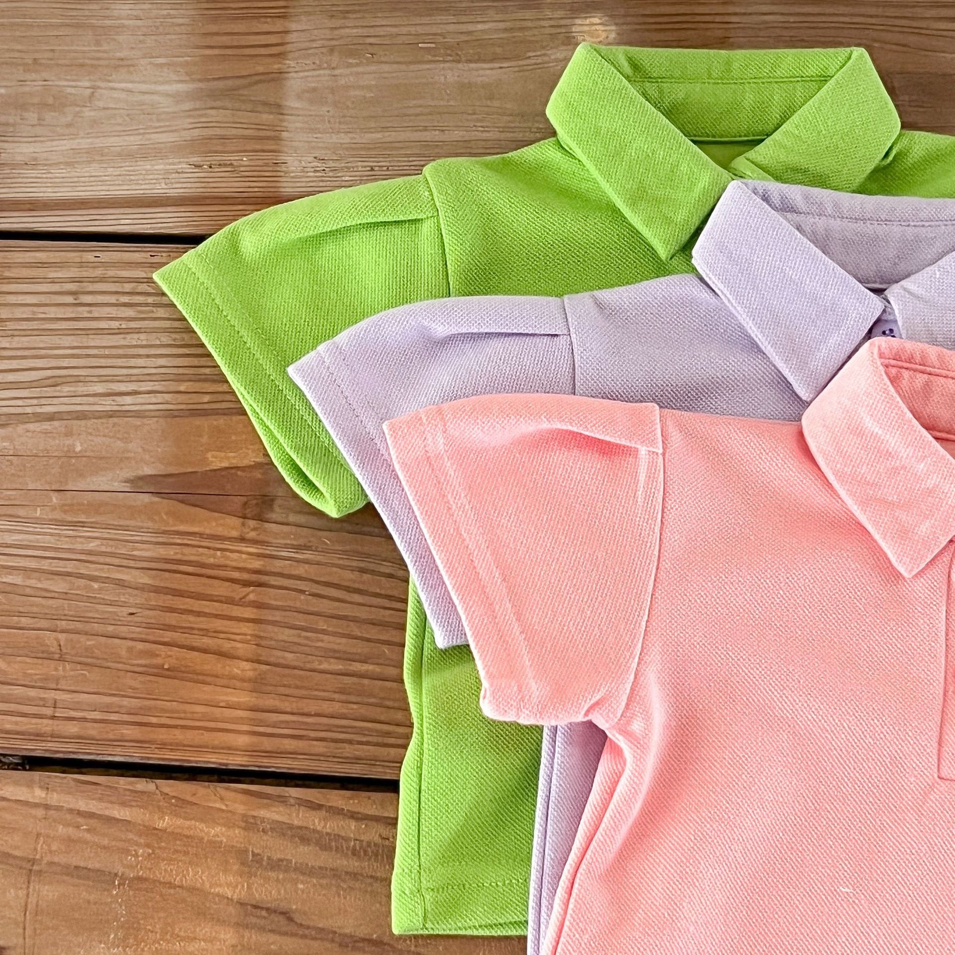 Baby Solid Color Polo Neck Summer Clothing Sets in pink, purple, and green, made from soft cotton, suitable for ages 6 months to 7 years.