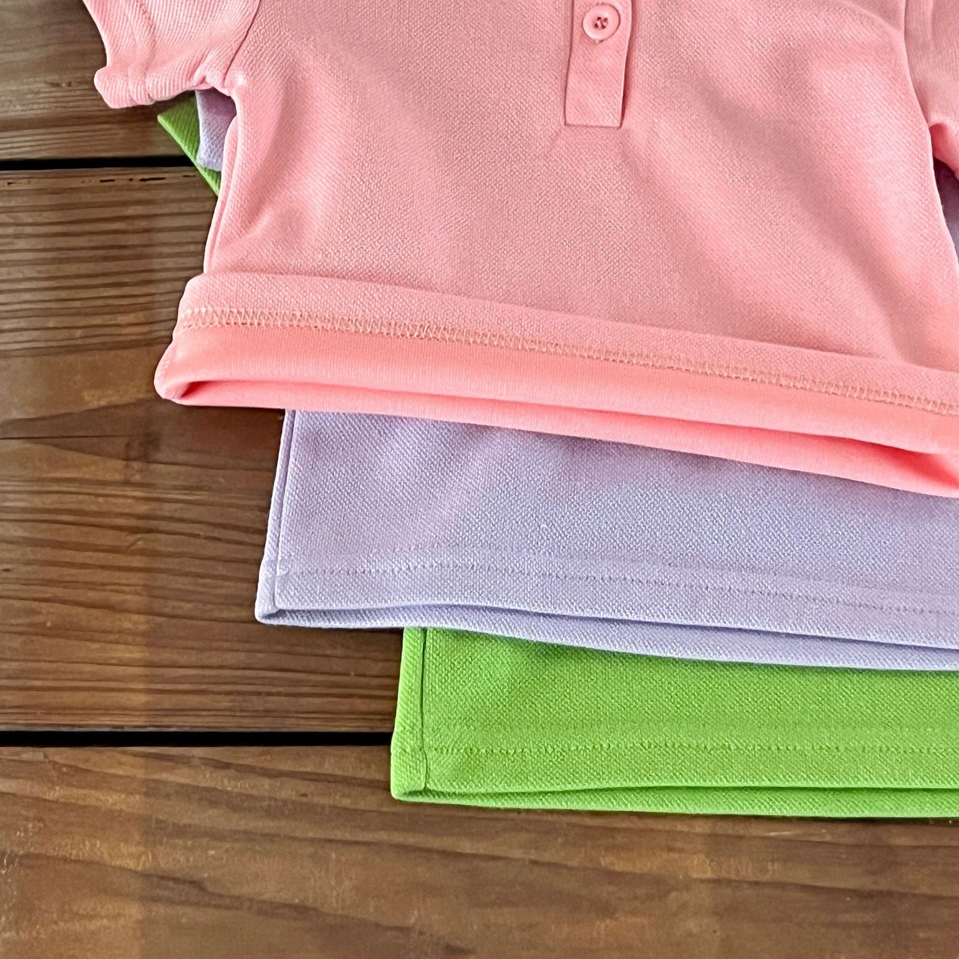 Baby Solid Color Polo Neck Summer Clothing Sets in pink, purple, and green, made from soft cotton, suitable for ages 6 months to 7 years.