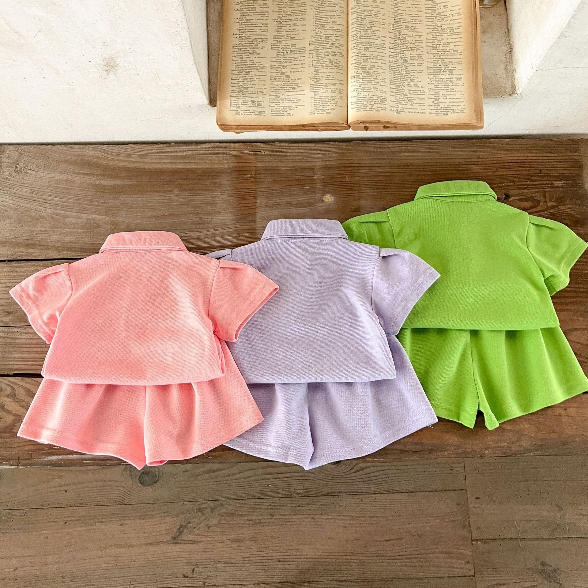 Baby Solid Color Polo Neck Summer Clothing Sets in pink, purple, and green, made from soft cotton, suitable for ages 6 months to 7 years.