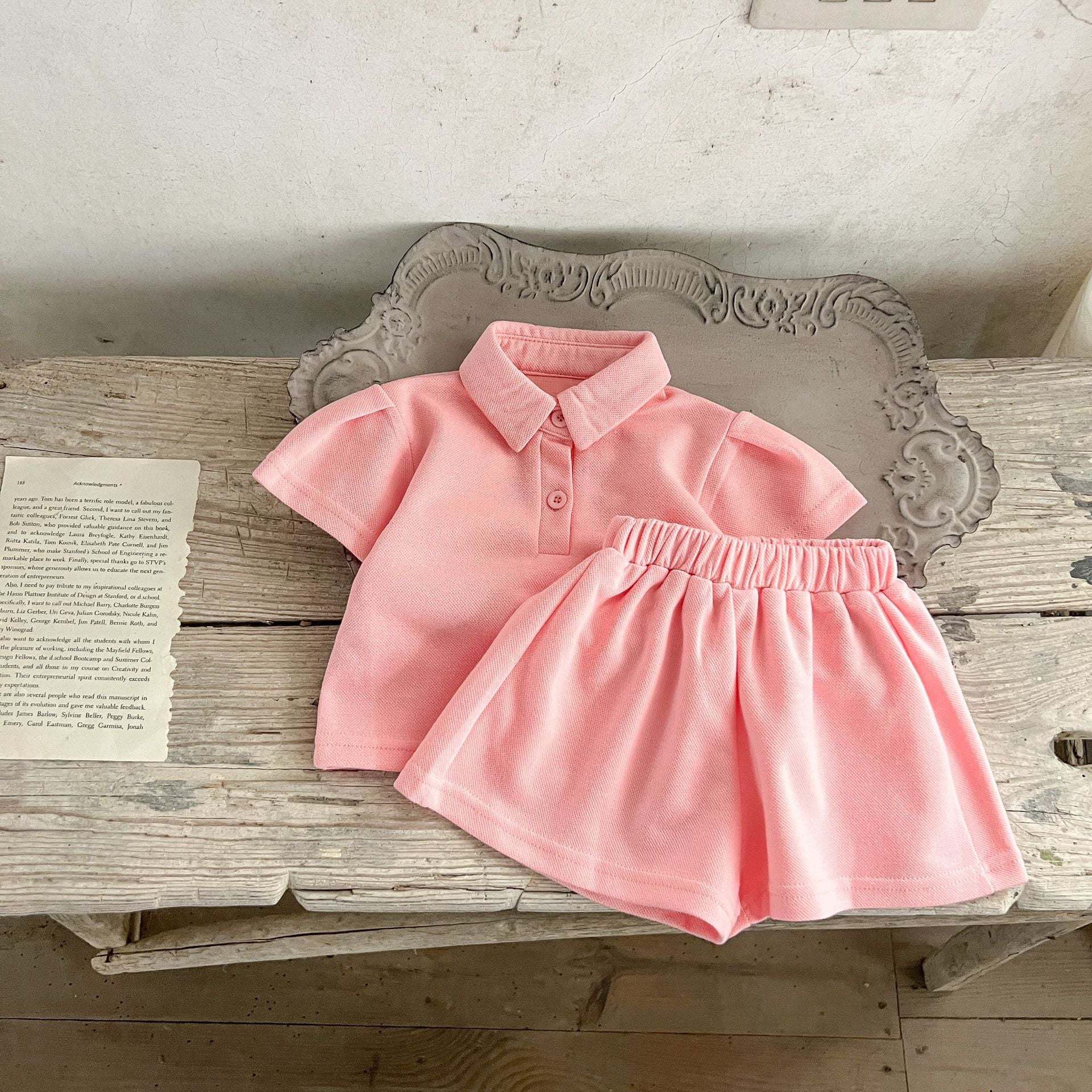 Baby Solid Color Polo Neck Summer Clothing Sets in pink, purple, and green, made from soft cotton, suitable for ages 6 months to 7 years.