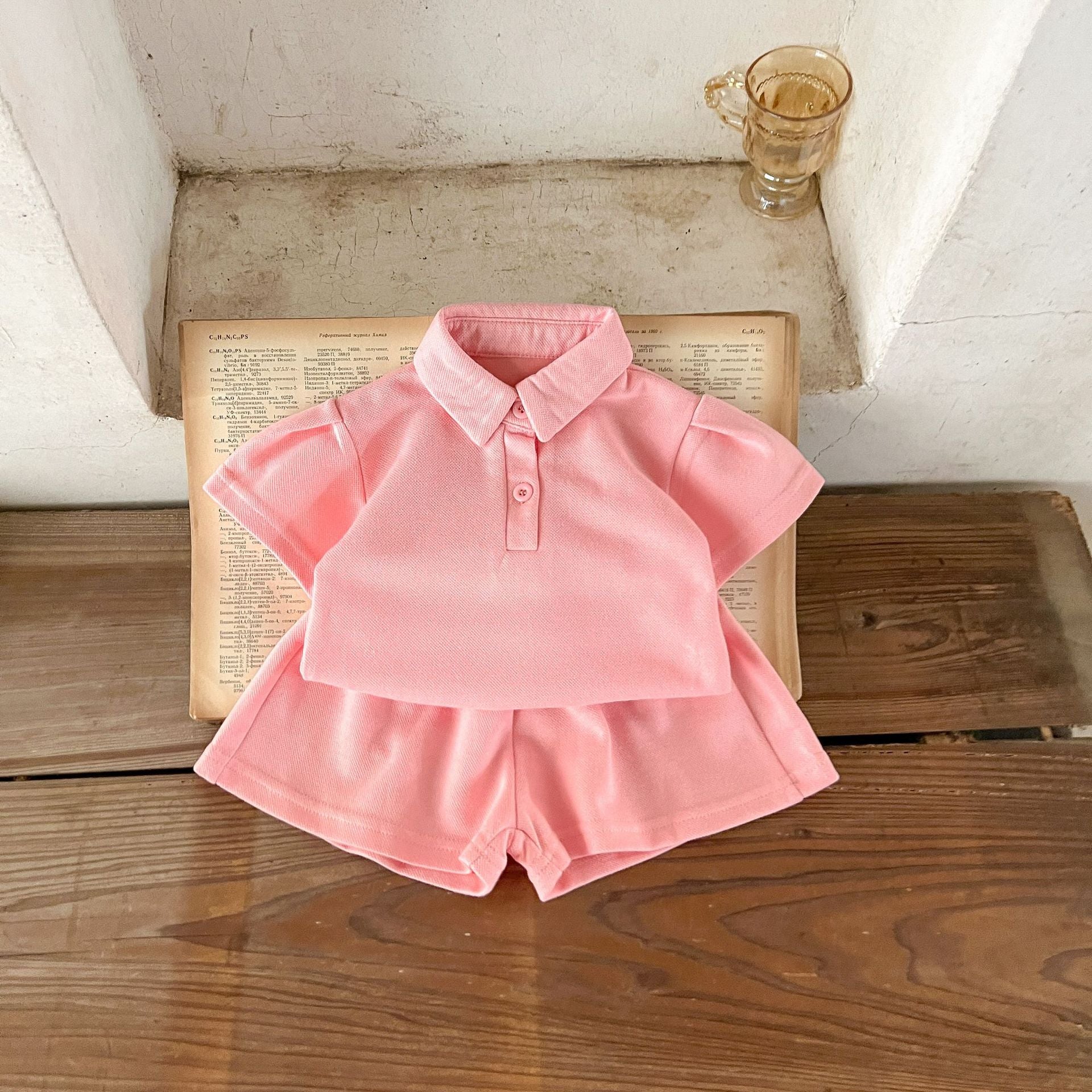 Baby Solid Color Polo Neck Summer Clothing Sets in pink, purple, and green, made from soft cotton, suitable for ages 6 months to 7 years.