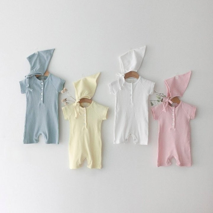 Baby Solid Color Western Style Rompers in blue and yellow, made of soft cotton, suitable for summer wear.