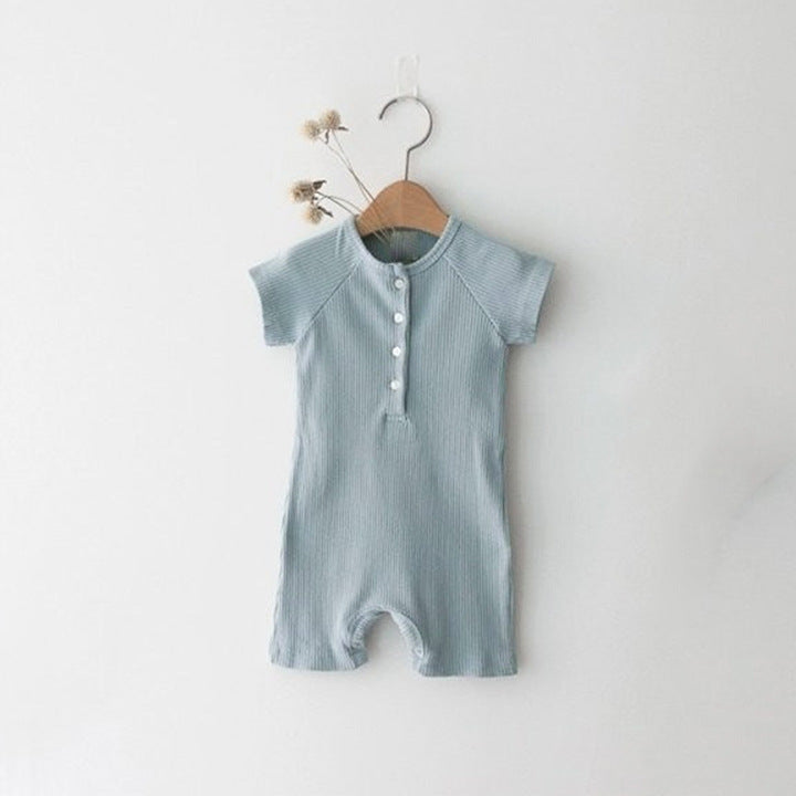 Baby Solid Color Western Style Rompers in blue and yellow, made of soft cotton, suitable for summer wear.