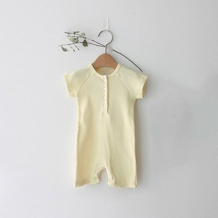 Baby Solid Color Western Style Rompers in blue and yellow, made of soft cotton, suitable for summer wear.