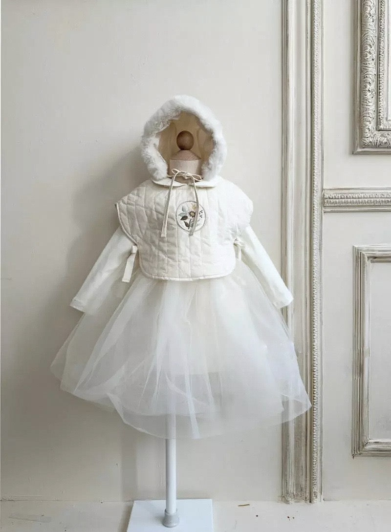 A beautiful baby solid white mesh princess formal dress, featuring soft cotton material and elegant design, perfect for baby girls.