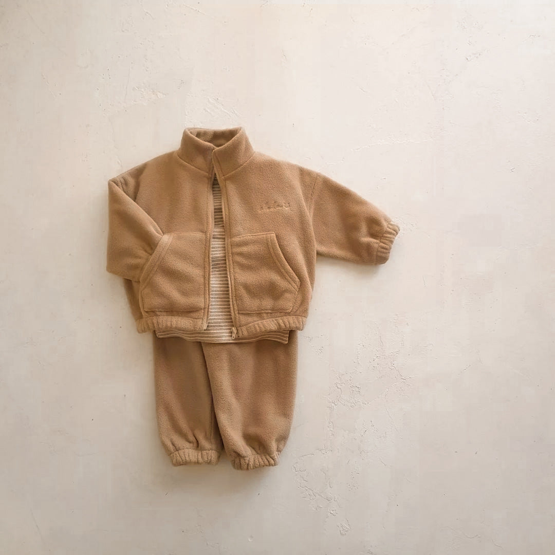 Baby unisex jacquard and solid two-piece set in beige, apricot, and coffee colors, made from soft cotton, suitable for all seasons.