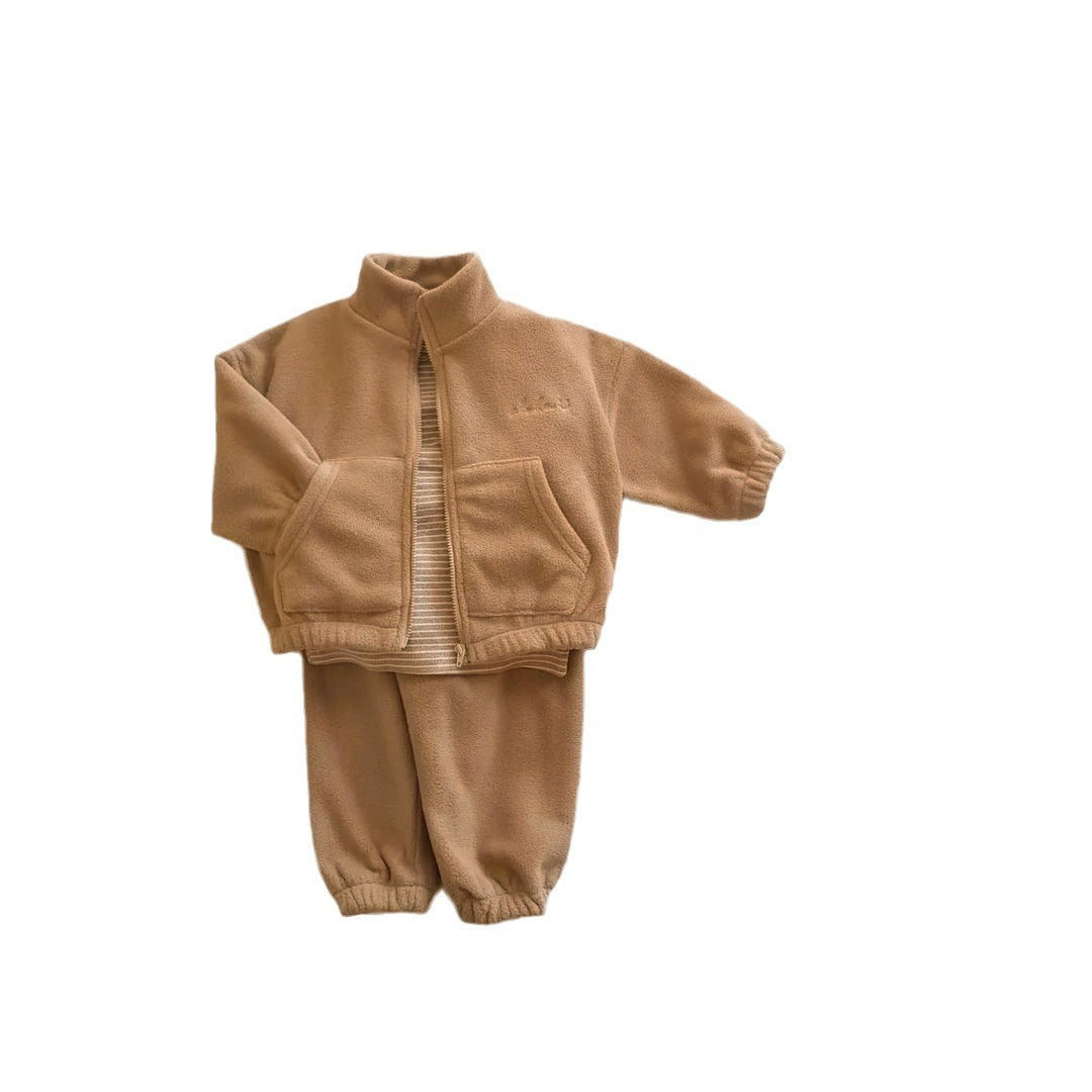 Baby unisex jacquard and solid two-piece set in beige, apricot, and coffee colors, made from soft cotton, suitable for all seasons.