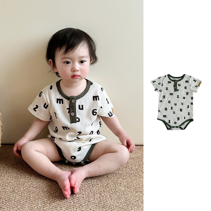 Baby unisex letters pattern round neck short-sleeve onesies in apricot color, perfect for summer wear.